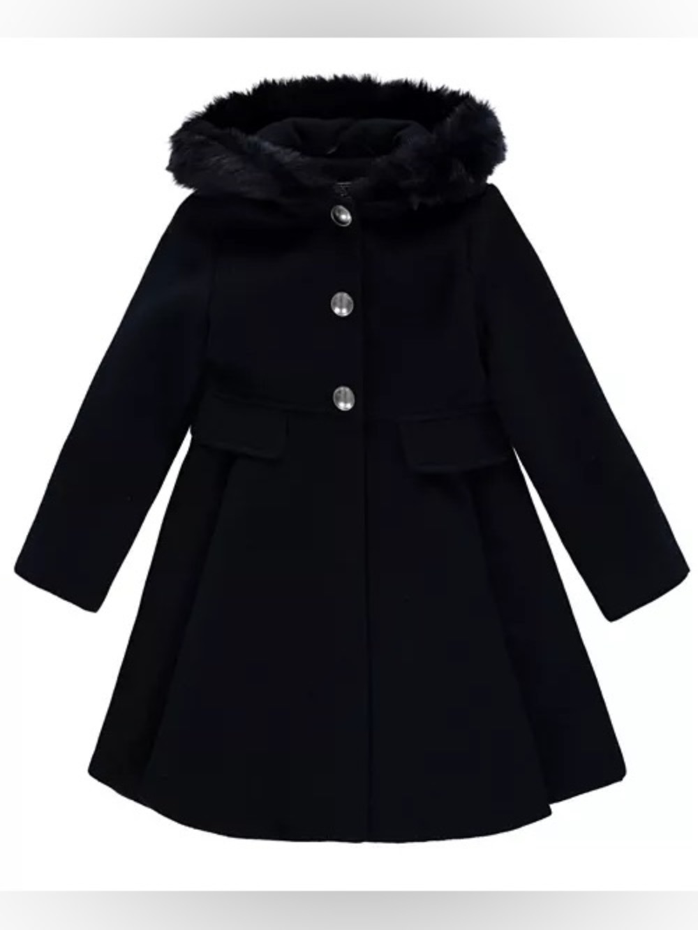 Rothschild Black Hooded Pea Coat with Faux Fur Trim